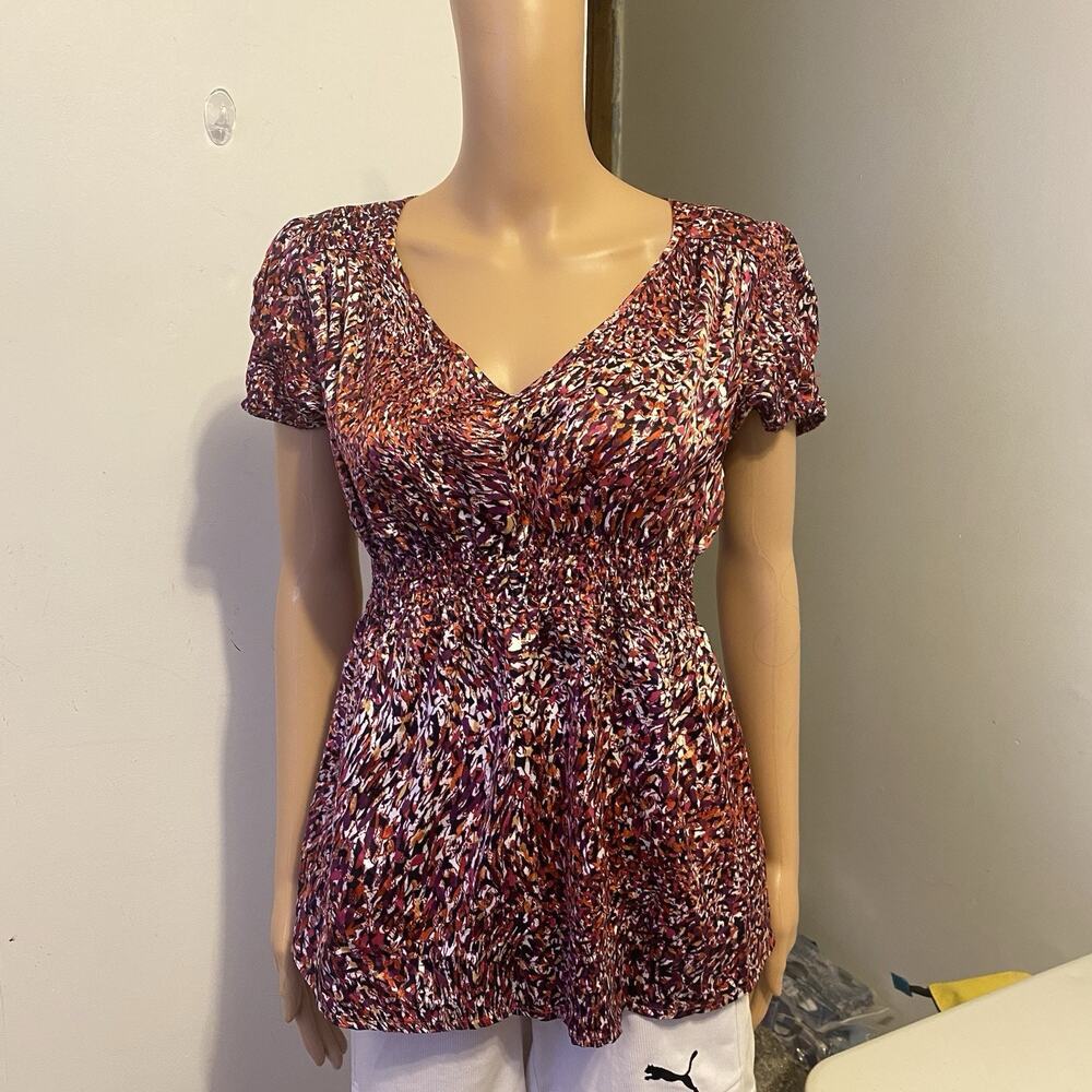 Worthington Top Women M Satin Marbles V-Neck Cap Sleeves Y2K Babydoll Casual - Picture 7 of 7